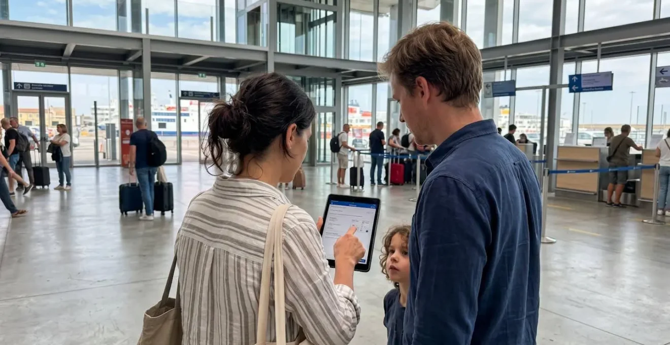 Una famiglia vista di spalle consulta i biglietti del traghetto su tablet seduta su una panchina del porto di Livorno