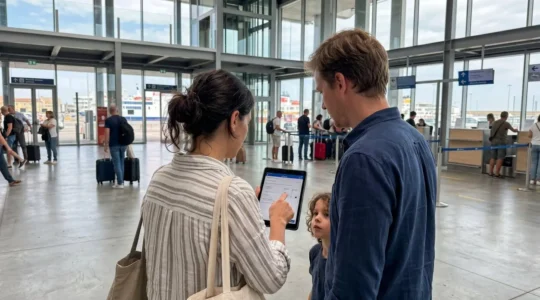 Una famiglia vista di spalle consulta i biglietti del traghetto su tablet seduta su una panchina del porto di Livorno