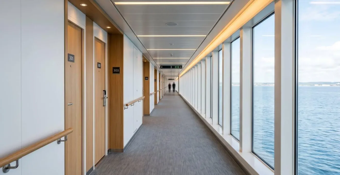 Corridoio interno luminoso di un traghetto moderno con porte di cabine ai lati e ampie finestre